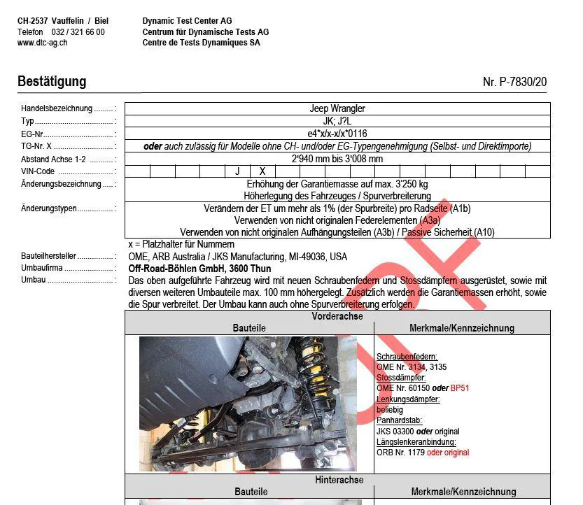 DTC Gutachten Jeep Wrangler JL Auflastung auf 2850 kg