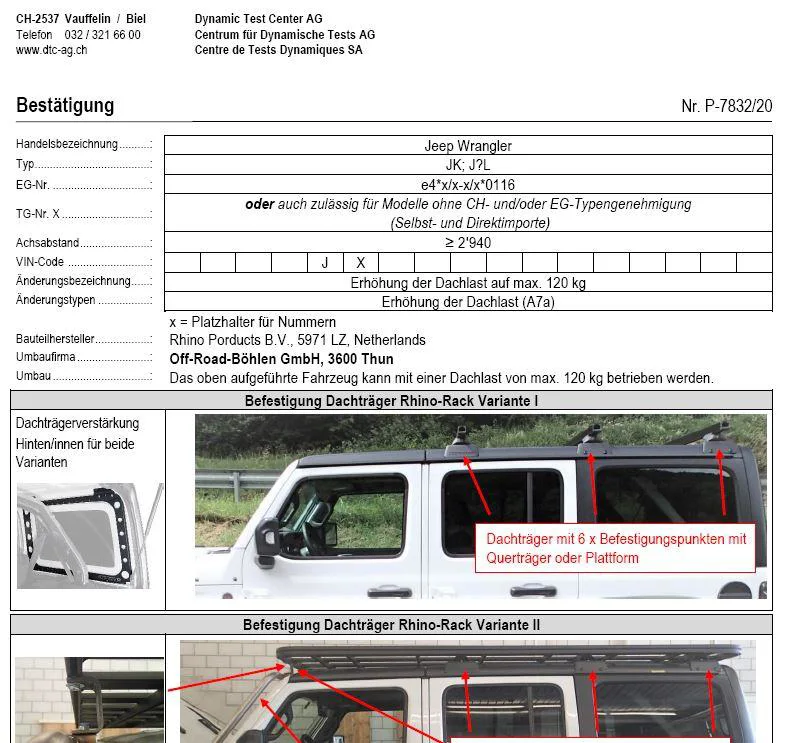 DTC Gutachten Jeep Wrangler JK Rhino Rack Dachlasterhöhung 120 kg