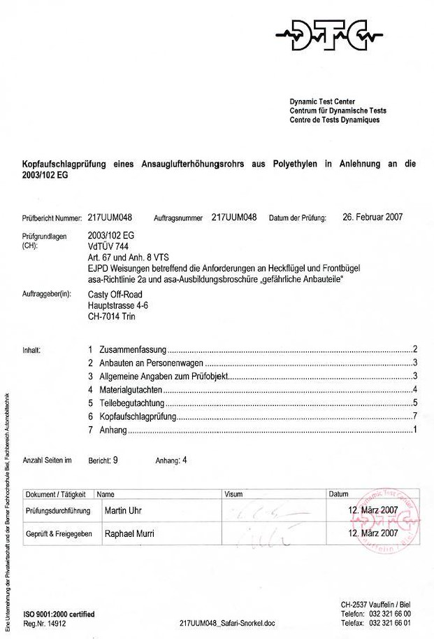 Splitterschutz Gutachten für Safari Schnorchel