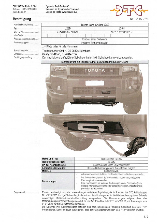 DTC Gutachten Seilwindenanbausatz Toyota Landcruiser J250