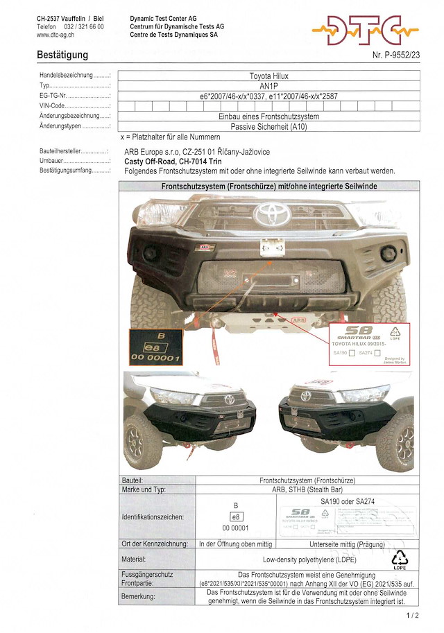 DTC Gutachten Seilwindenstossstange Toyota Hilux