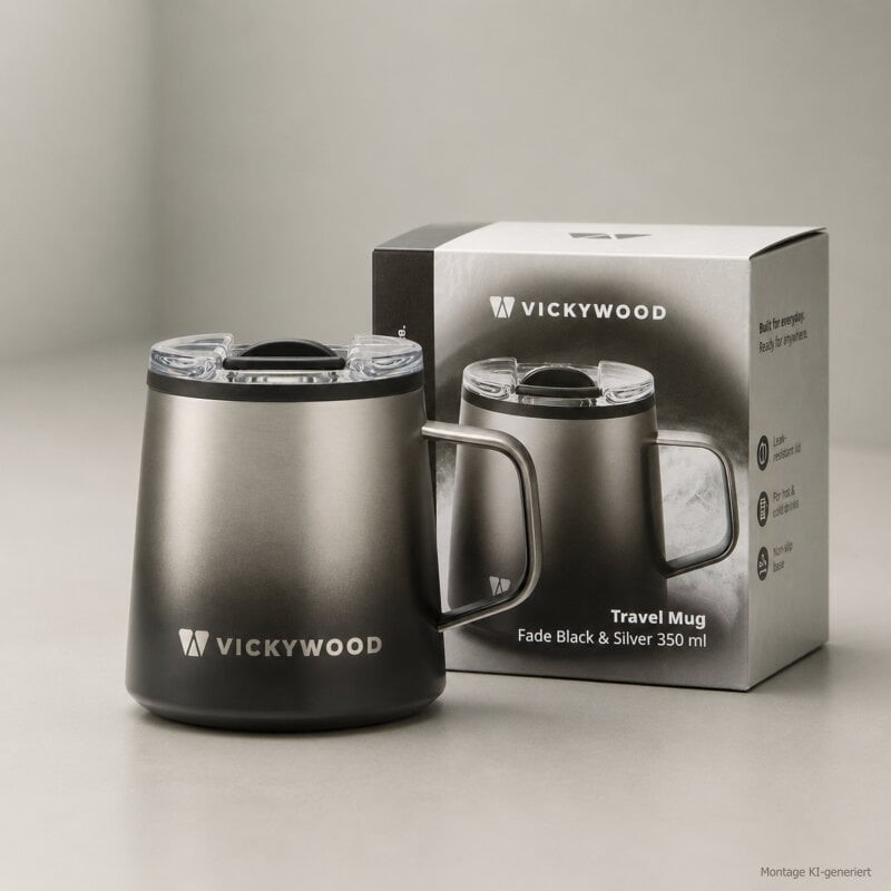 VICKYWOOD Edelstahl Travel Mug Fade Black & Silver 350 ml