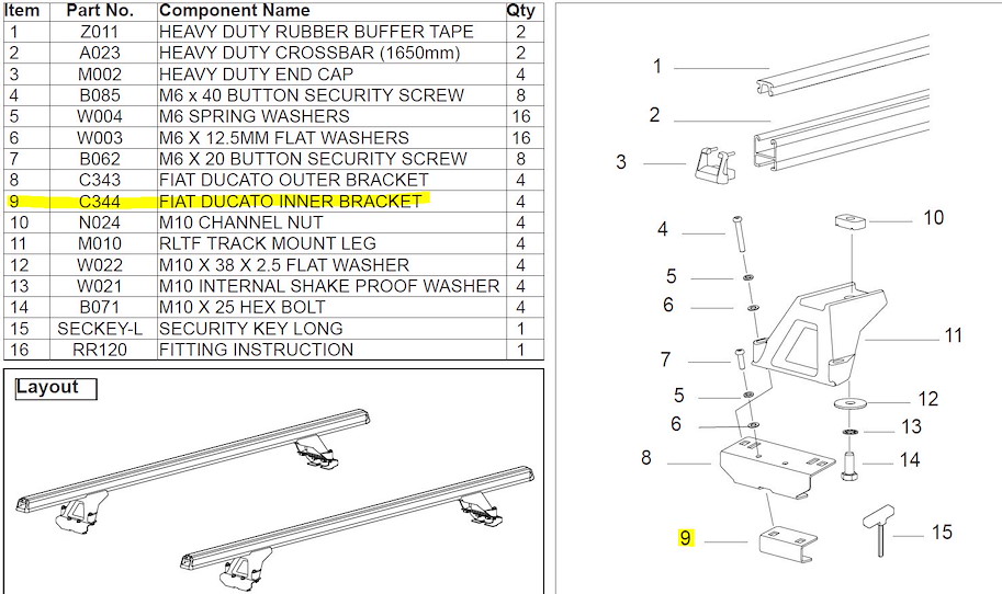 Rhino Rack Fiat Ducato innere Klammer (1 Stk.) zu RLTffd + RLTpfd