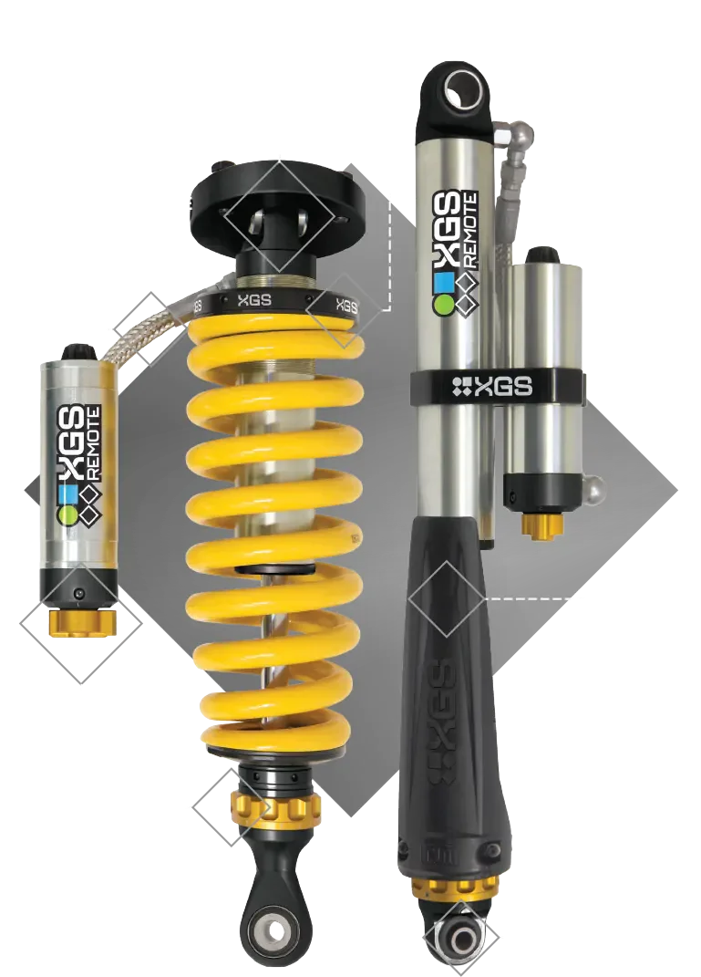 TJM XGS Remote Federung mit beschrifteten technischen Details