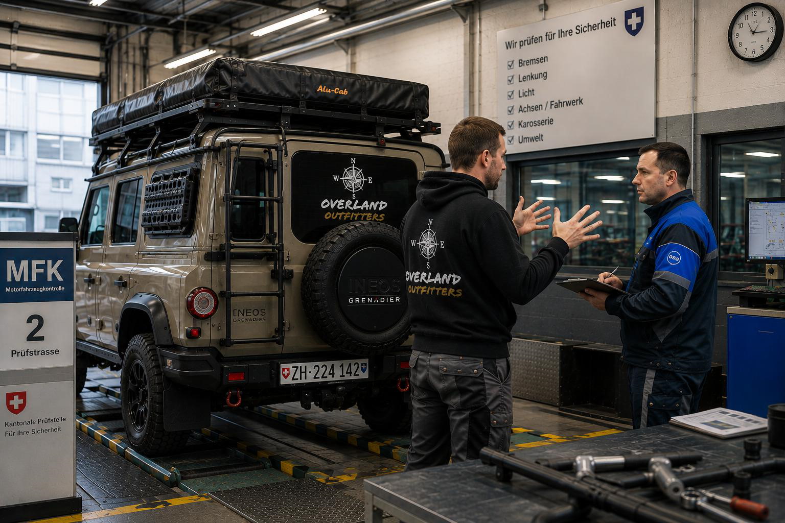 Overland Outfitters INEOS Grenadier mit Alu-Cab Dachzelt auf der MFK-Prüfstrasse im Gespräch mit dem Prüfer